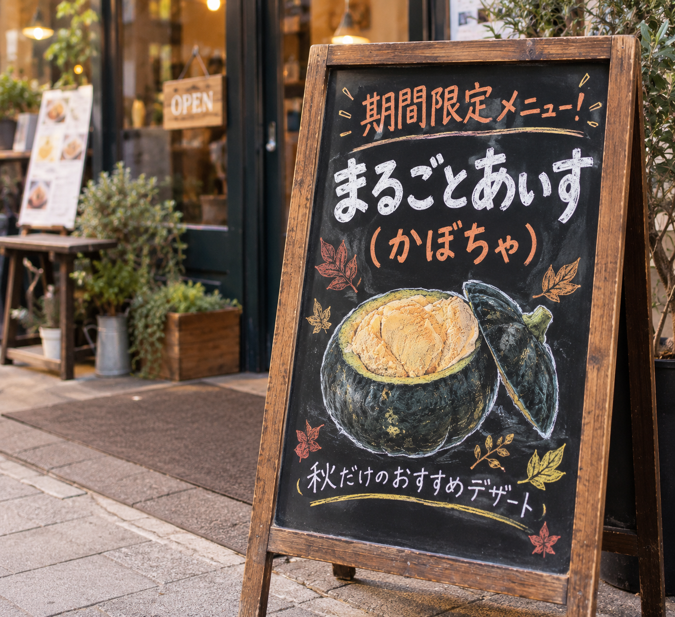 店頭の期間限定メニュー看板に描かれたミニかぼちゃアイス
